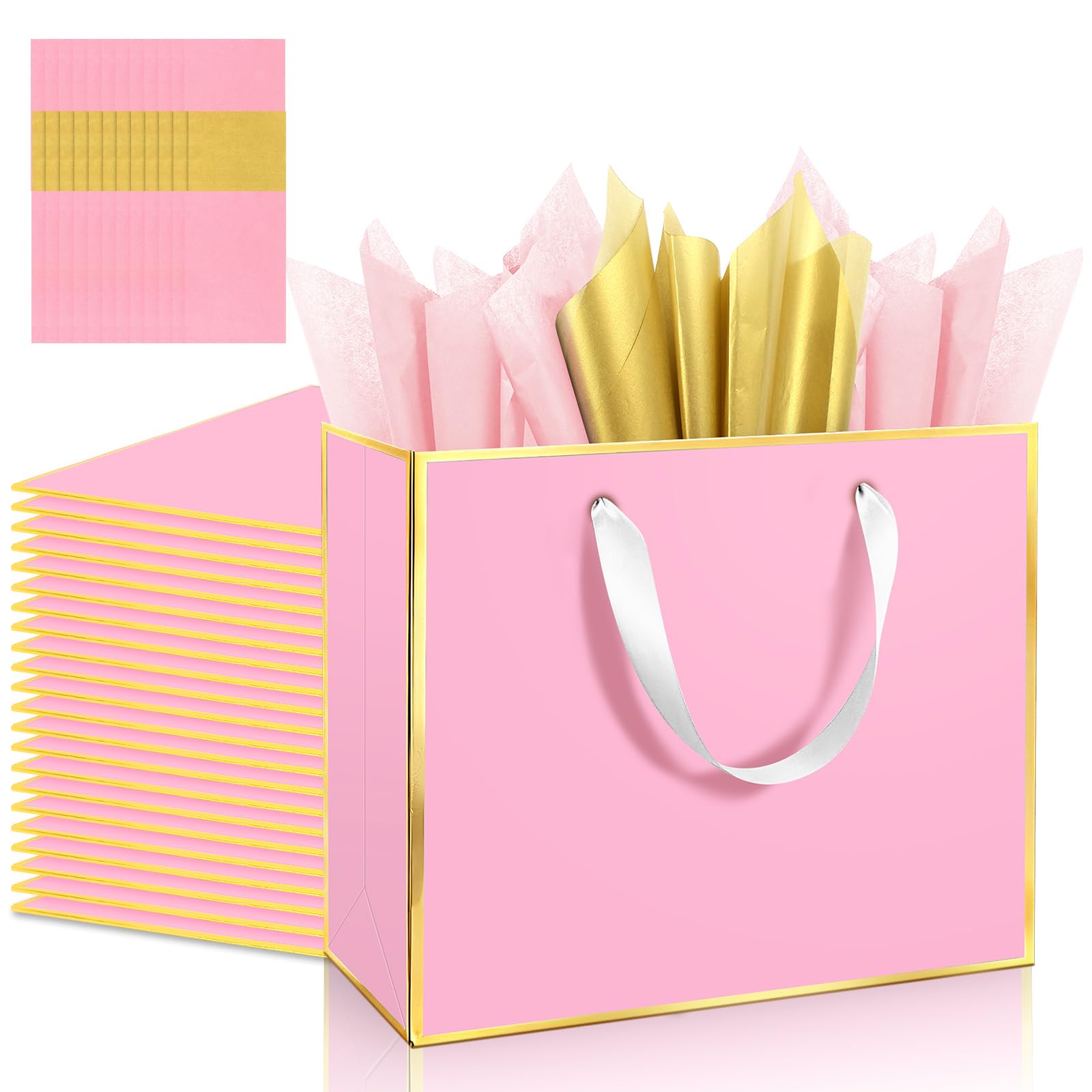 Photo 1 of [MISSING ITEMS] Addblu 12 Pack Large Gift Bags with Handles - Includes 36 Tissue Papers, 11.8x10x4 Inches for Thank You, Wedding, Bridesmaid, Birthday Party, Valentine's Day, Holiday (Pink and Gold Trim, 12Pcs)