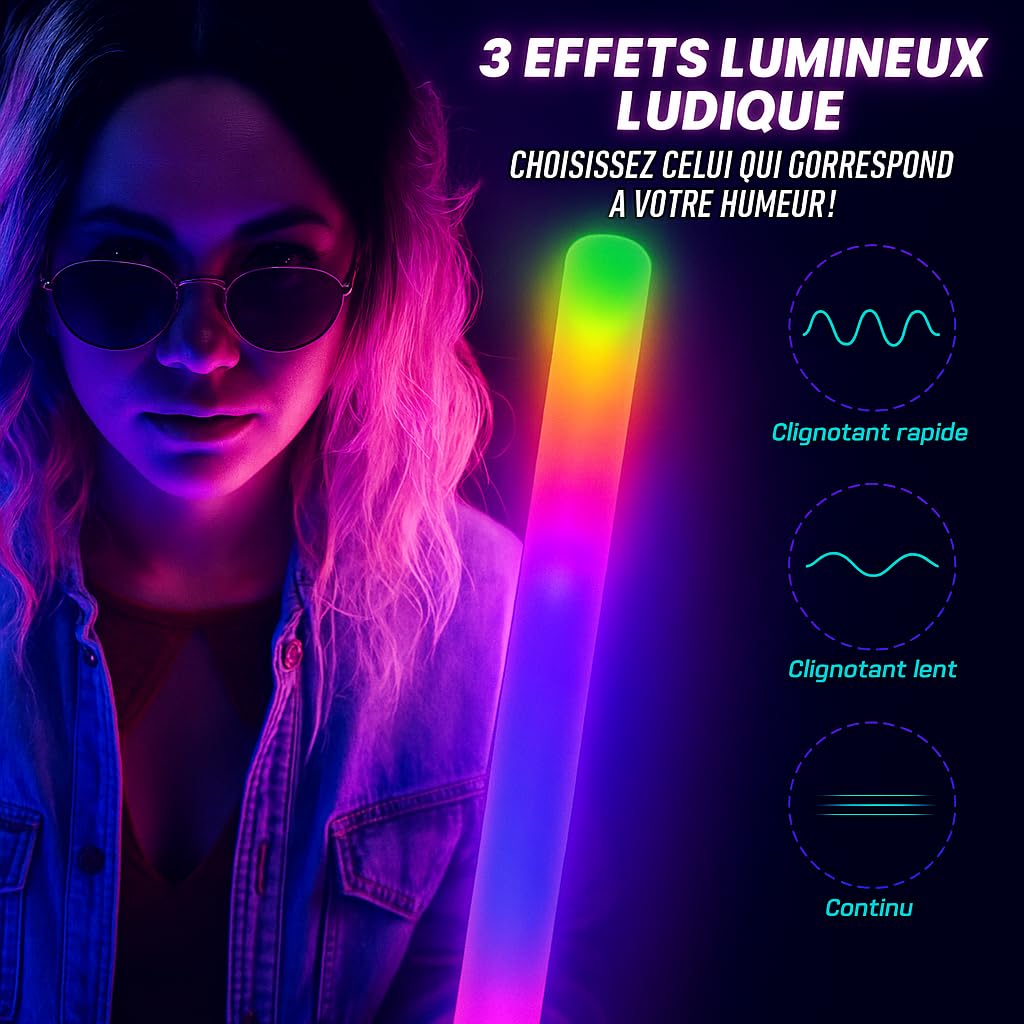 zenda club® Bastone luminoso LED in schiuma multicolore 48 cm (50 pezzi) - 3 modalità lampeggianti - Glow Stick LED per feste, concerti, matrimoni, compleanni, lunga durata 8H (rosso)