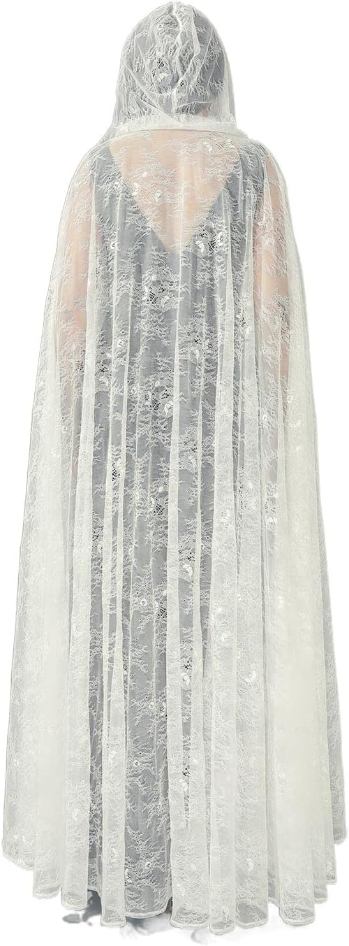 GORAIS Lace Hooded Cloak Long Womens Halloween Costumes Cape Full Length Sheer Cosplay Cloaks Robe