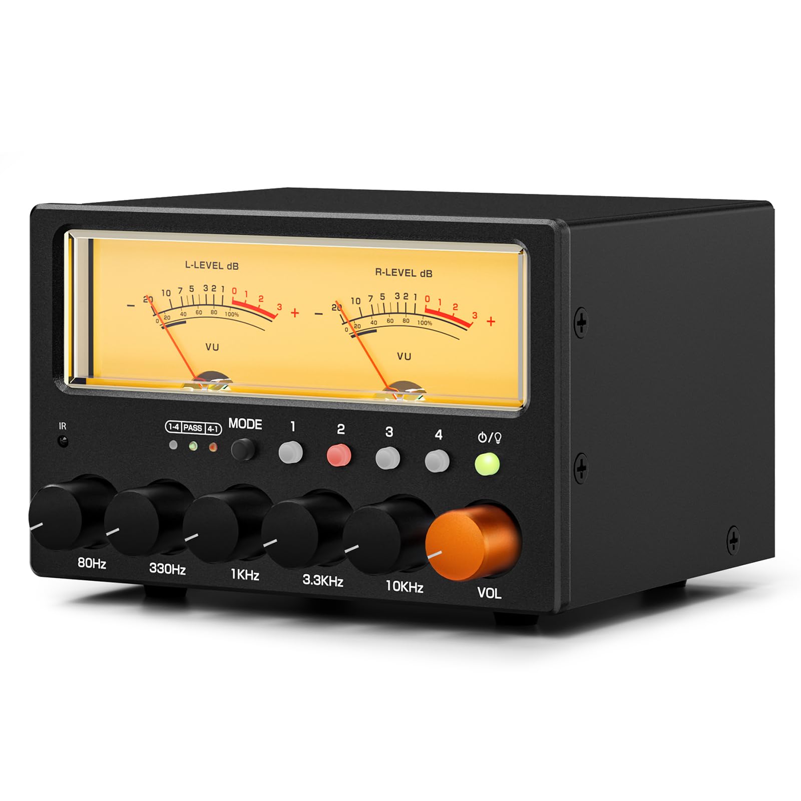Nobsound Interruttore audio D5 a 4 vie: preamplificatore EQ stereo HiFi a 5 bande e splitter RCA con VU Meter e amplificatore per cuffie per home theater/studio/DJ