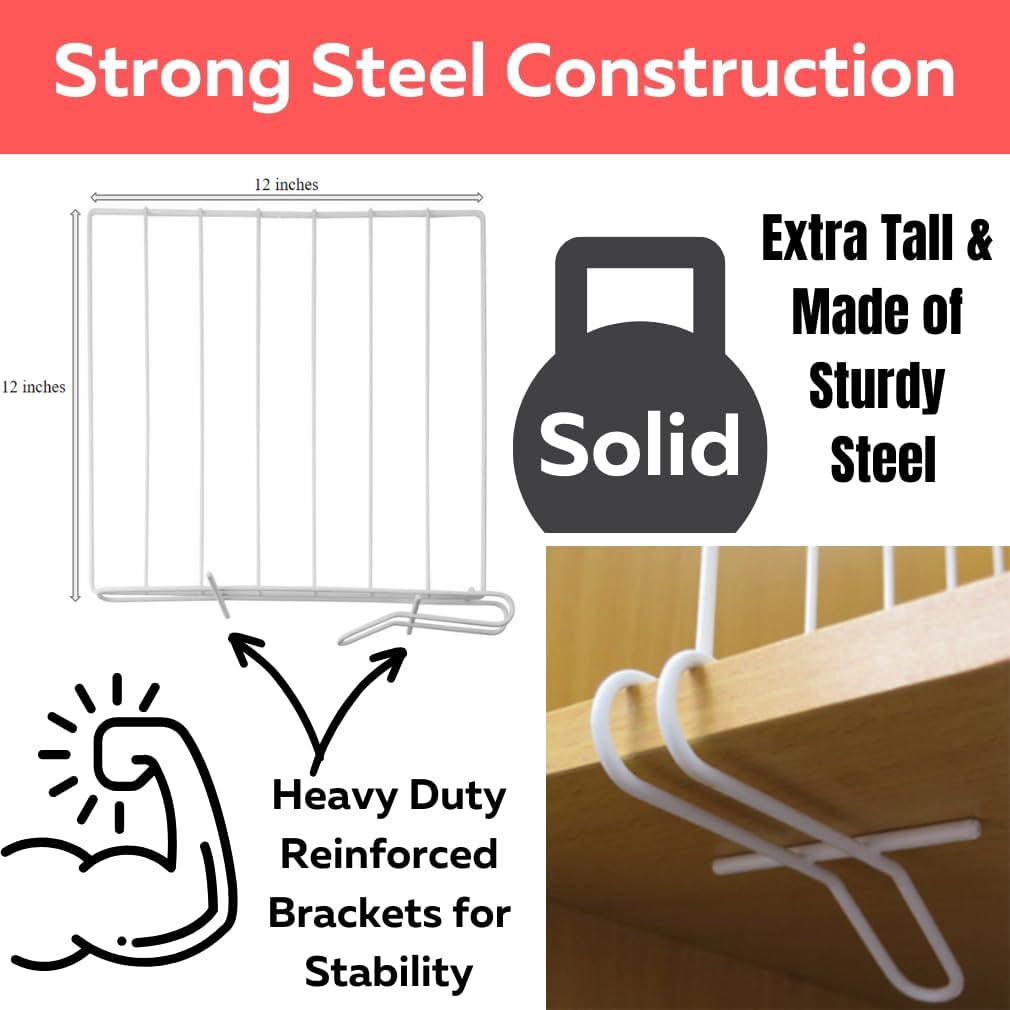 Evelots Shelf Dividers for Wood Shelf, 8 Pack Closet Organizers and Storage for Clothes, Purse, Pantry - No Crack Solid Steel Construction-12 Inch Tall Shelf Organizer -Stable Reinforced Wide Bottom