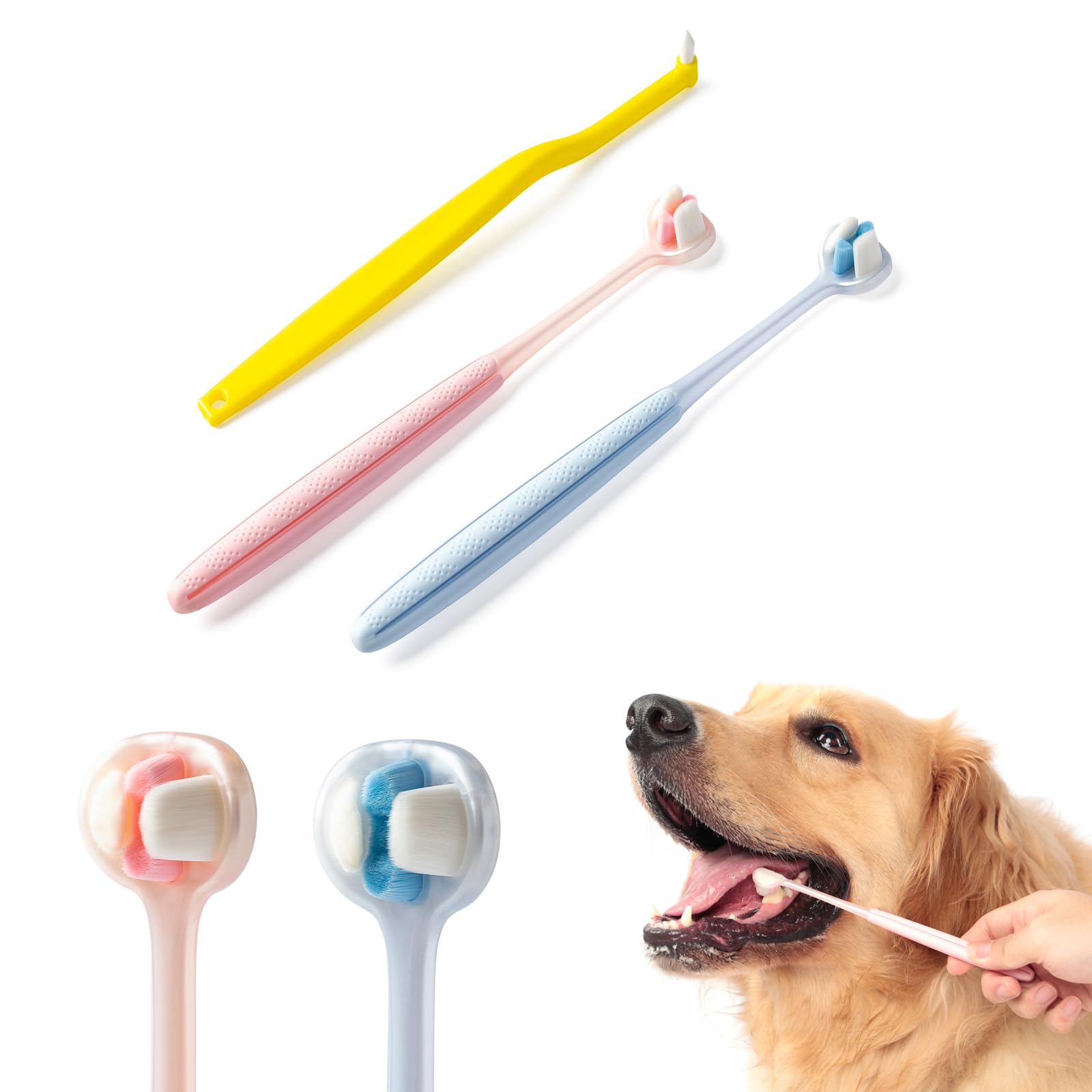 E.M&S.T by Emmeliestella Dog Toothbrush Teeth Cleaning Kit?Three-Sided?Dental Plaque Removal?Oral Hygiene?Freshen Dogs Breath?Reduce Tarta?Extra Soft Bristles, Independent Packaging, Blue&Pink 3PCS