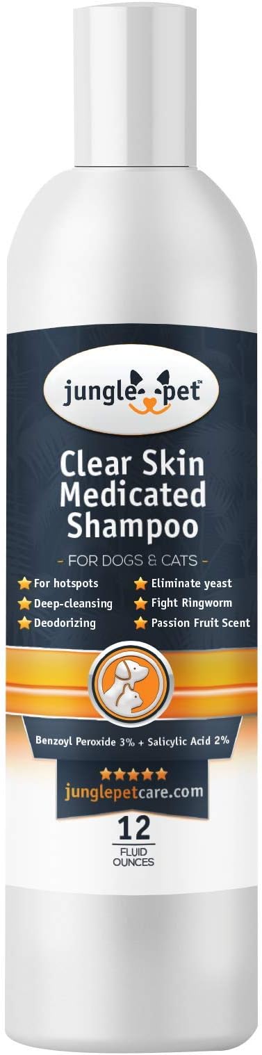 Jungle Pet Benzoyl Peroxide Shampoo for Dogs - Degreasing Mange Shampoo for Dogs & Cats Seborrheic Dermatitis Shampoo Dogs - Cleansing Benzoyl Peroxide Shampoo Dogs Seborrhea Shampoo for Dogs - 12 oz