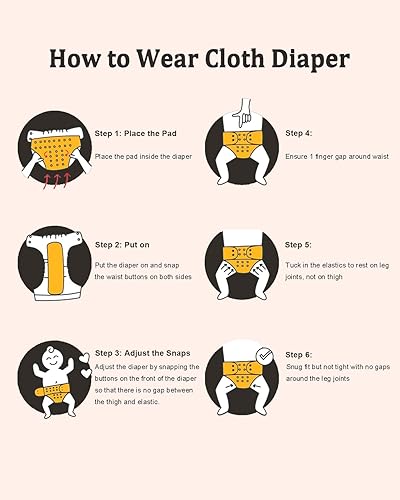Miniatura 7 de babygoal Pañales de tela reutilizables, paquete de 6 con 6 piezas de rayón de inserciones de bambú y bolsa para húmedos, pañal de bolsillo lavable