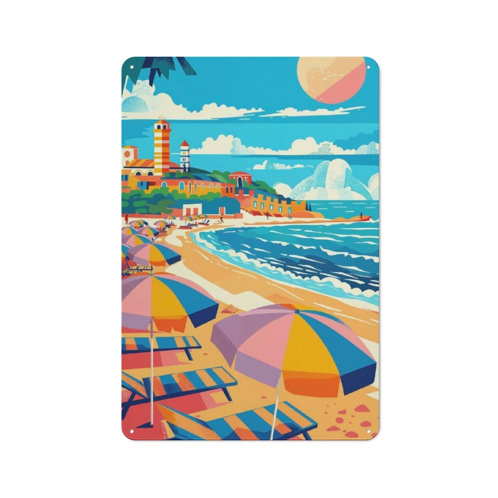 Junmoney Rimini Beach Scene Vintage Tin Sign 30X20cm For Garden Room Or Summerhouse, A Housewarming Gift For Outdoor-Room Decor Collectors