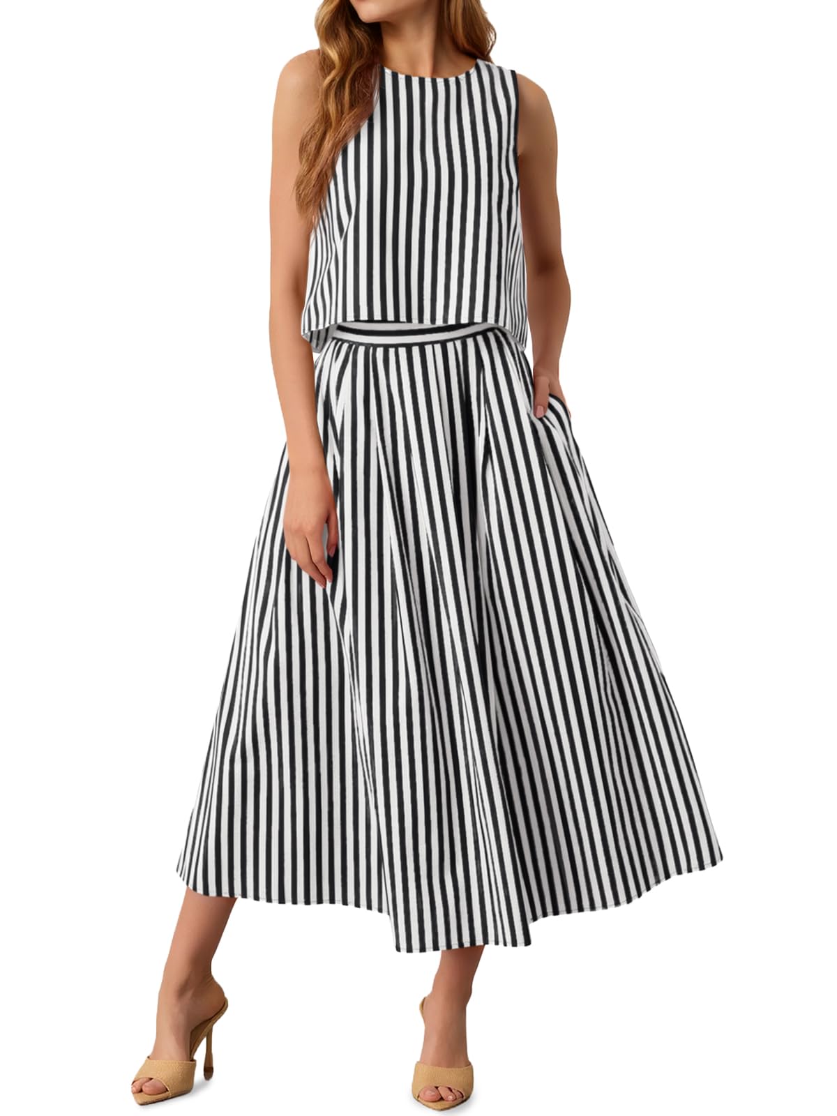 Tankaneo Womens 2 Piece Skirt Sets Summer Striped Tank Tops Midi Dress 2026