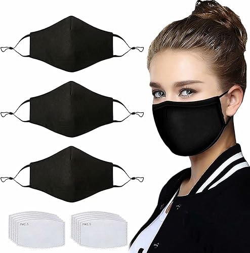 NBDIB Protección facial ajustable para adultos con bolsillo para filtro y alambre para la nariz, máscara de tela transpirable negra con 10 filtros