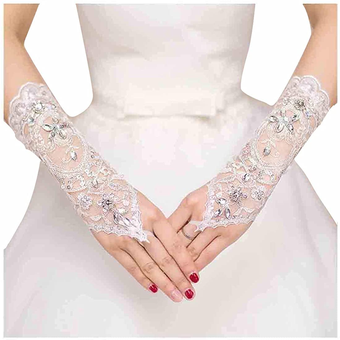 FantaseeBridal Gloves White Fingerless Crystal Gloves Sequins Glove for Wedding Lady Formal Banquet Party Bride Rhinestone Pierced Lace Wedding