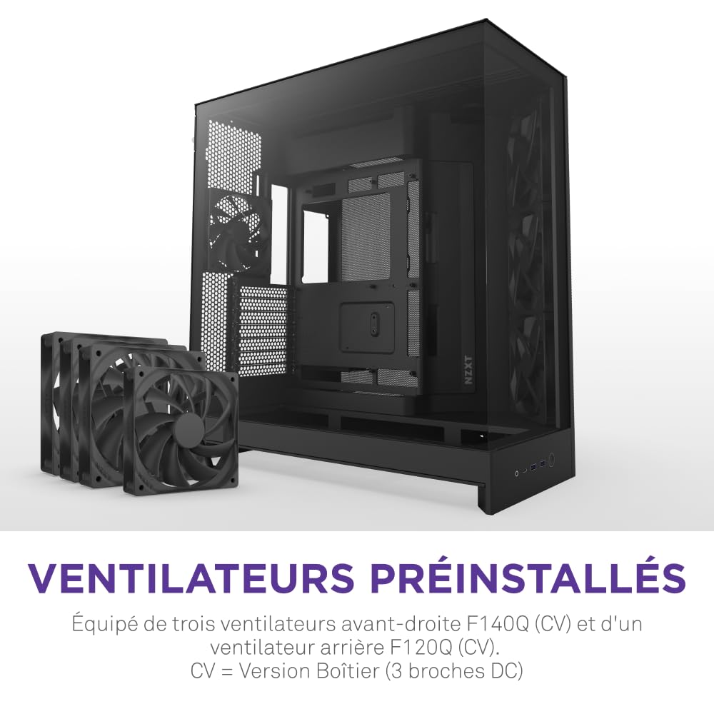 NZXT H9 Flow (2025) – Grand boîtier PC ATX Mid-Tower à Double Chambre pour Flux d'air – Inclut 3 Ventilateurs de 140 mm et 1 Ventilateur de 120 mm – Support de radiateur de 420 mm – Noir