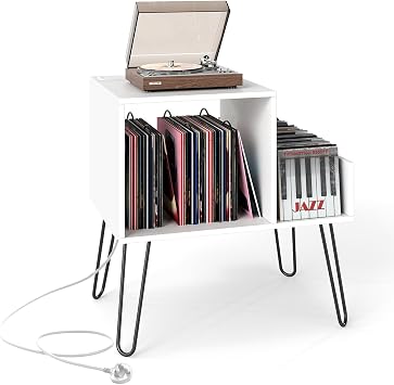 COSTWAY Record Player Stand with Charging Station, Turntable Stand End Side Table with Dividers and Shelf for 145 Albums, Metal Legs Vinyl Record Storage Cabinet Holder for Living Room White