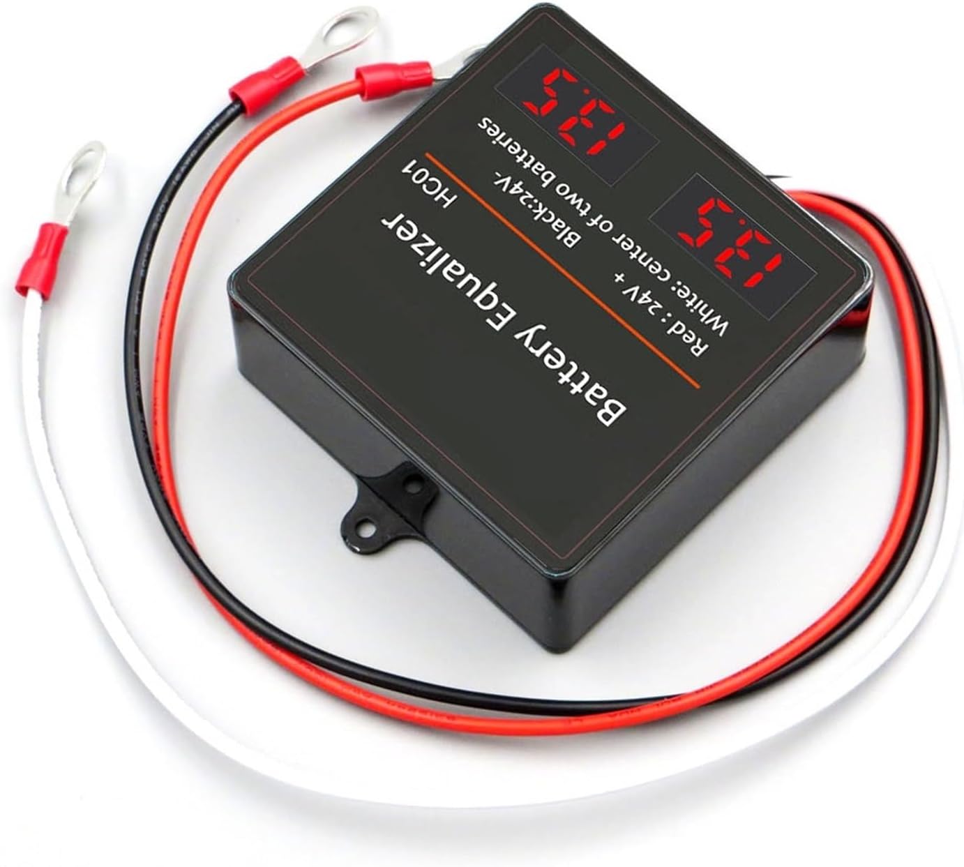 Angled view of HC01 Battery Equalizer showing the digital displays and wire connections