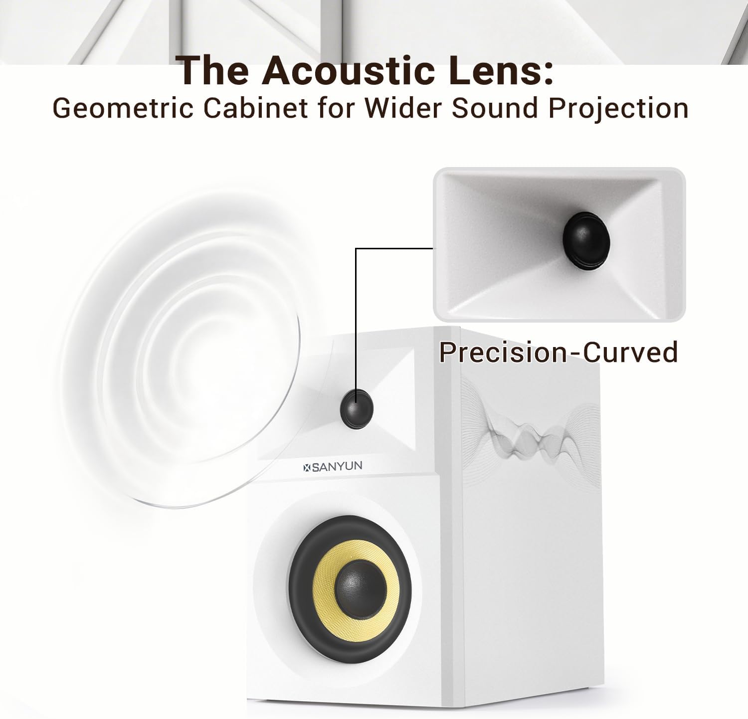 Sanyun SW205 80W Powered Bookshelf Speakers with 3D Soundstage | Precision DSP Spatial Audio & Geometric Cabinet | 4" Glass Fiber Woofer, Optical/Bluetooth 5.4/AUX, Wireless Remote (Pair, White)