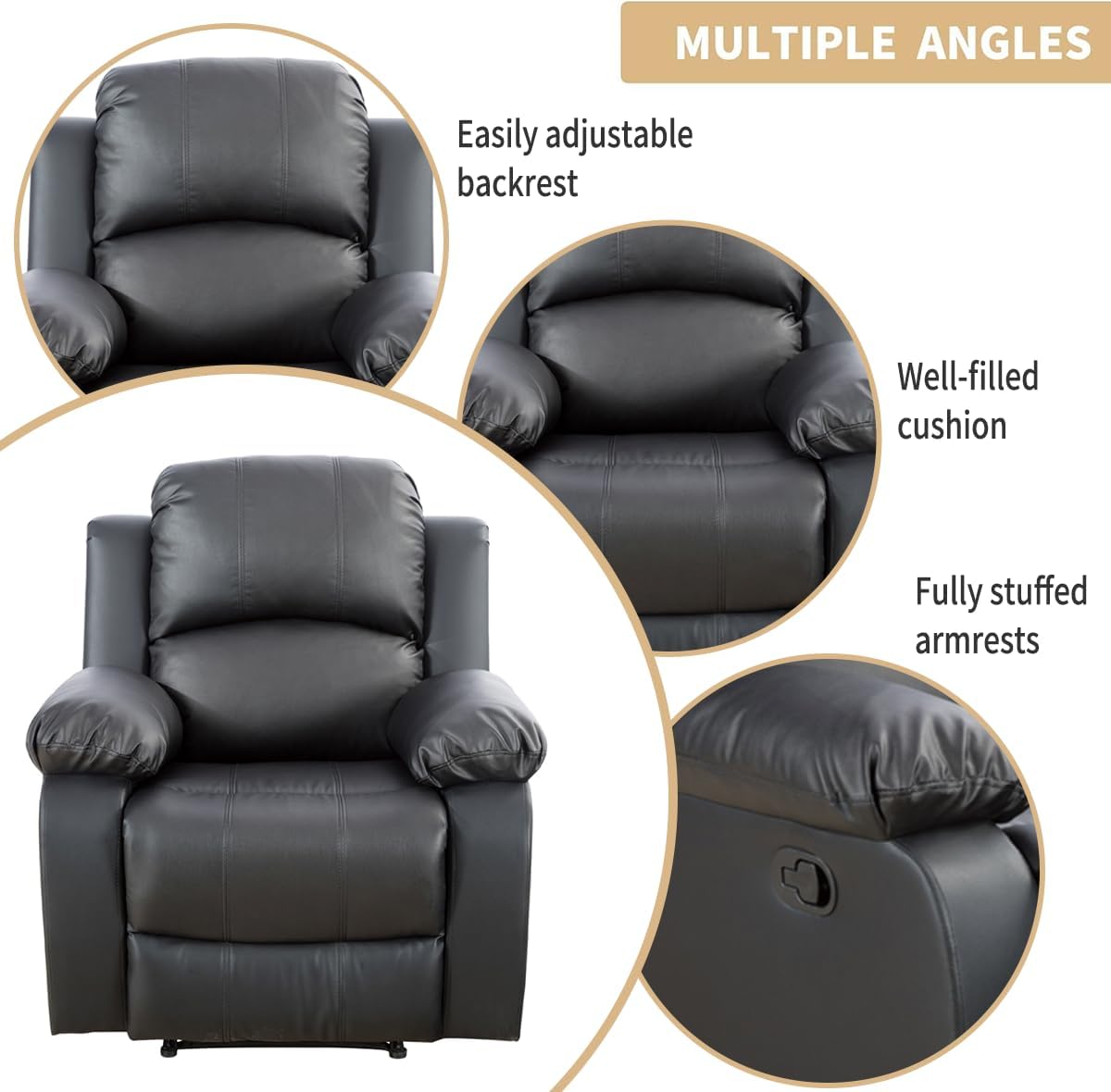 Leather Recliner Sofa Sets, Leather Reclining Sofa Set for Living Room Furniture Set,Recliner Chair for Living Room/Small Space/Rv/Office(Black Single Chair)