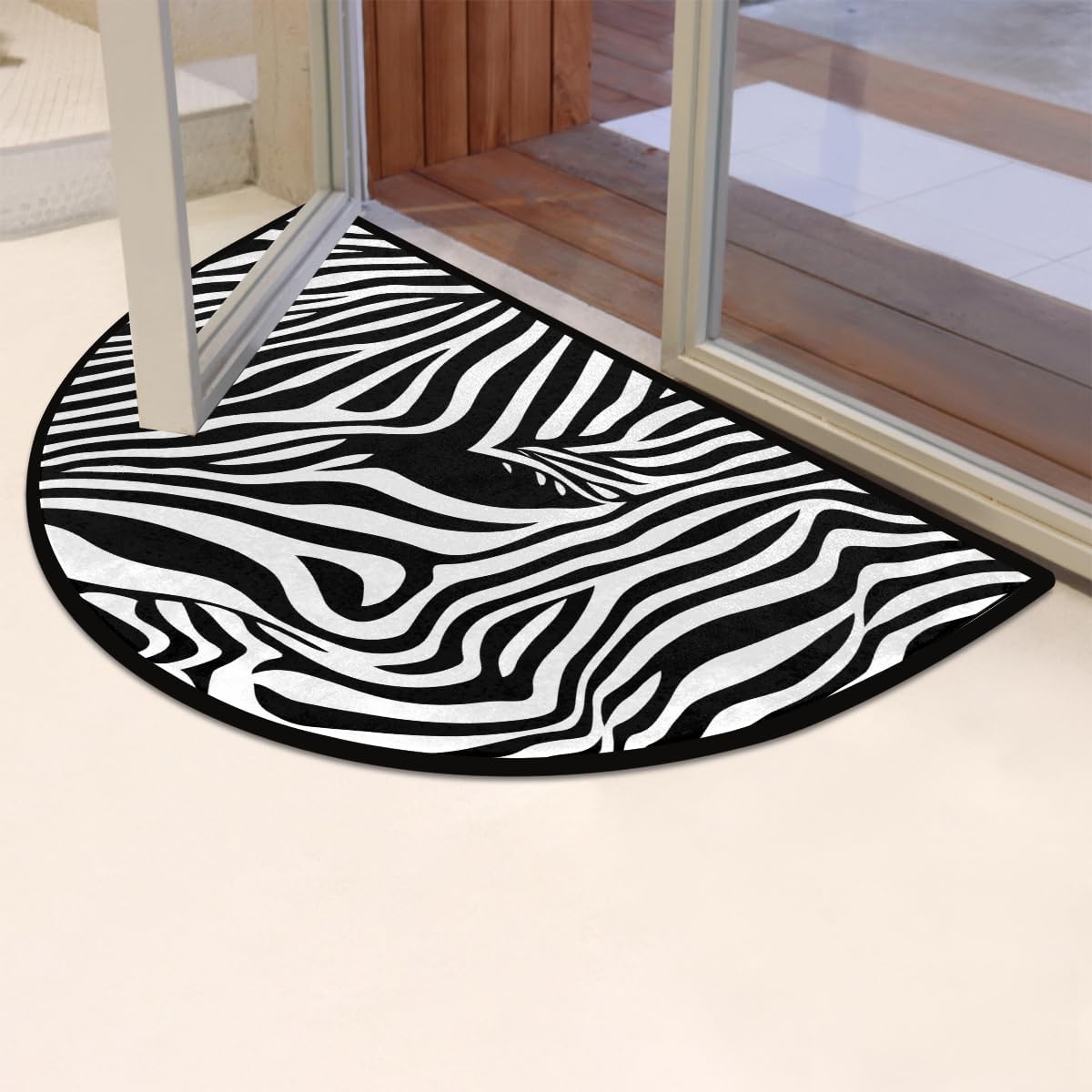 AUUXVA White Black Zebra Print Half Round Door Mat Indoor Entrance, Animal Skin Pattern Non Slip Absorbent Doormats, 24 x 36 Wear Resistant Semi Circle Floor Mats Area Rugs for Home Kitchen Patio