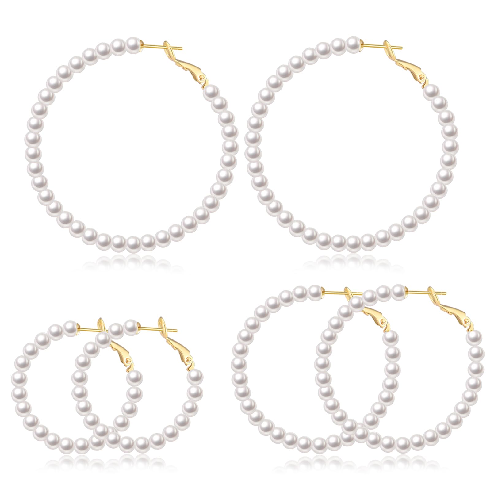 CERSLIMO Pearl Hoop Earrings for Women - 3 Pairs 14K Gold Plated & Sterling Silver Post Big Large Hoops 4mm Pearl Earrings Jewelry Gifts 20/30/40/50mm