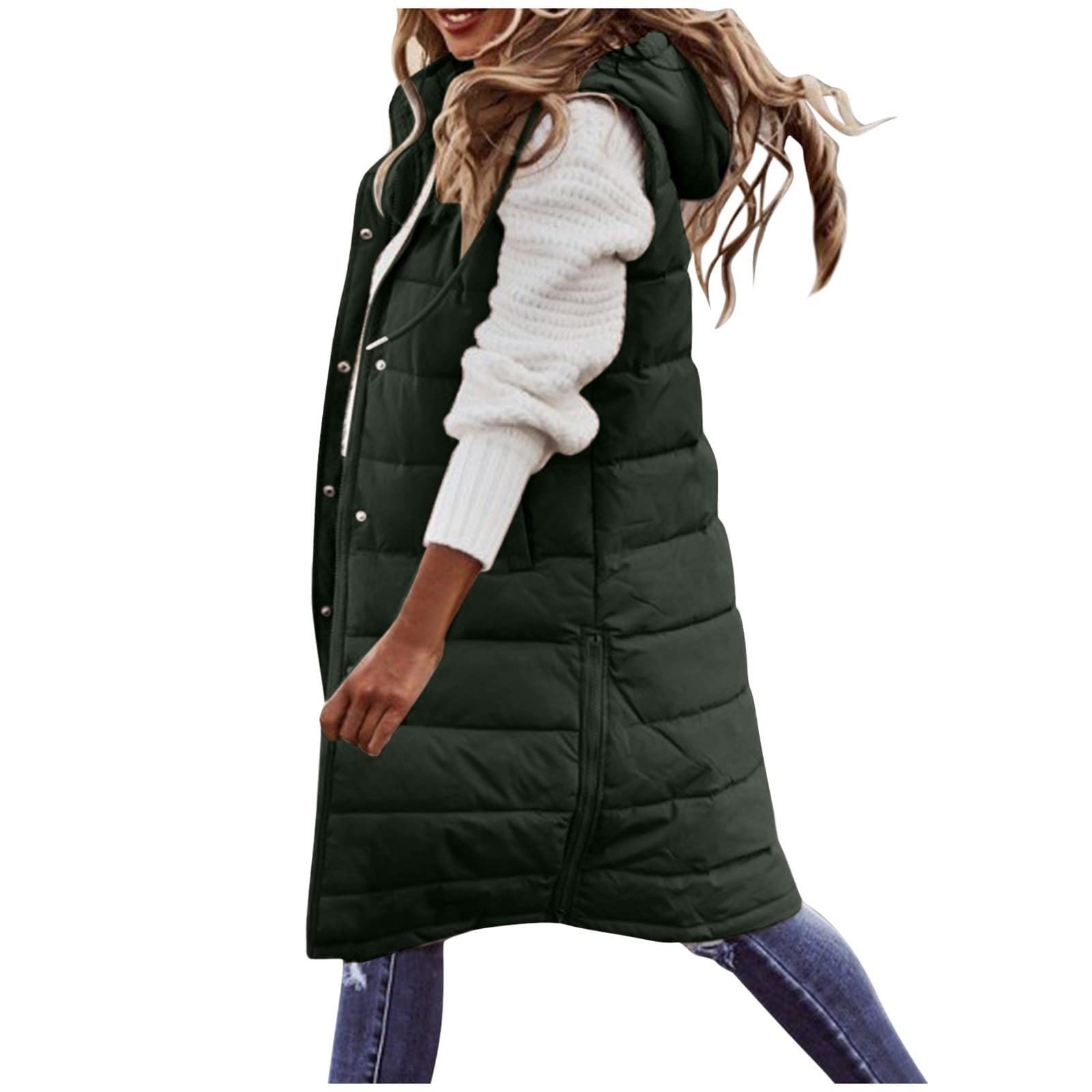 Gilet Matelassé Dames sans Manches Dames À Capuche Manteau d'hiver Gilet Épais Veste sans Manches Gilet Matelassé pour Dames Coupe-Vent Dessus Puffer Gilet (Color : Army Green, Size : 4XL)