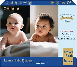 OHLALA 럭셔리 기저귀 사이즈 1 여행용 팩 6개 3.6-6.4kg(8-14파운드) 저자극성 피부 친화적 및 누출 방지 무향 초박형