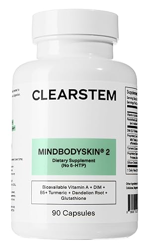 CLEARSTEM - MINDBODYSKIN Hormonal Acne Supplement (No 5-HTP) - Natural DIM Supplement - Skin Care Vitamins - Hormone Balance, Antioxidants - Gluten Free, Cruelty Free - 30 Servings, 90 Capsules - NO 5HTP