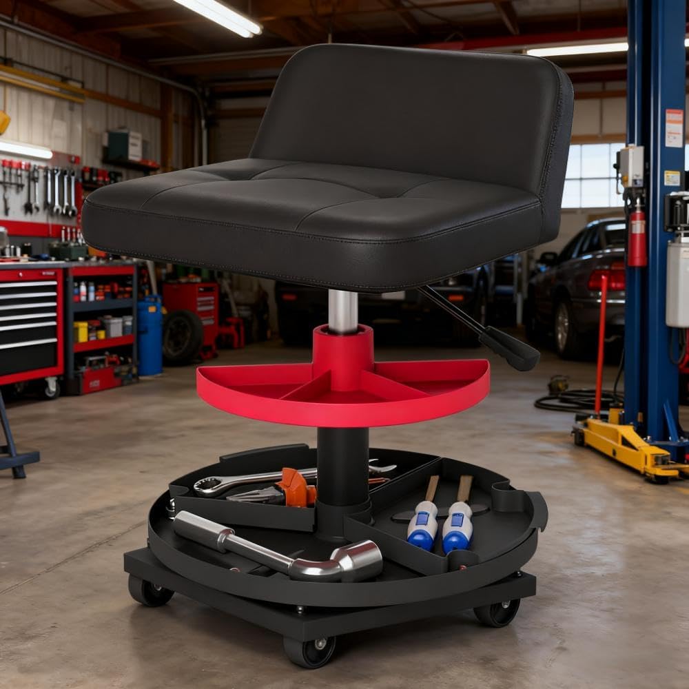 Rolling Mechanic Stool- 360° Swivel Creeper Garage Stool, Capacity Shop Stools with Dual-Tier Tool Tray, Adjustable Height, 300 LBS Capacity Roller Seat for Garage