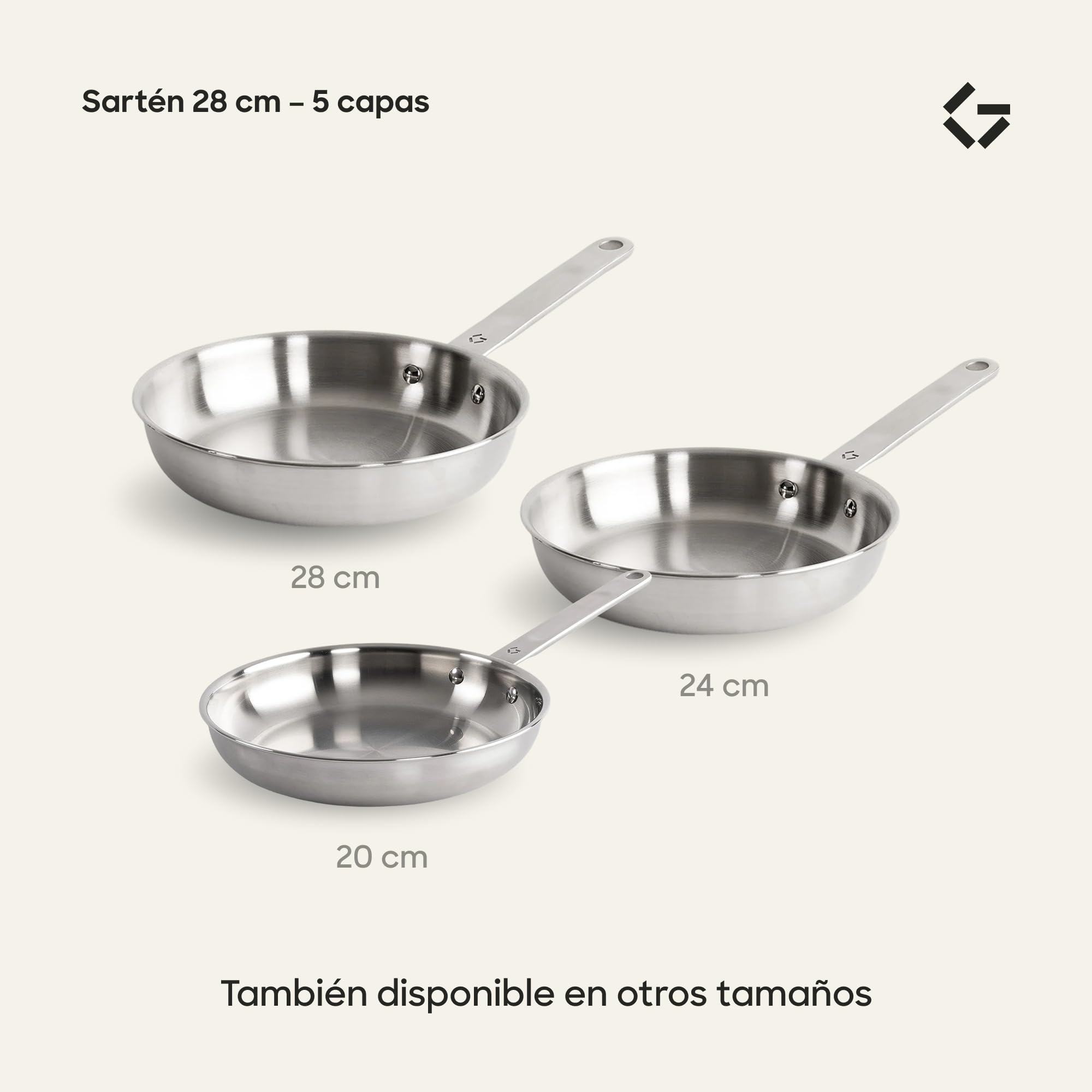 Gastrotools Sartén 28 cm 5 Capas de Acero Inoxidable con Núcleo Aluminio | Excelente conducción del calor | Cocción uniforme | Inducción, gas y horno | Sin revestimiento | Uso versátil