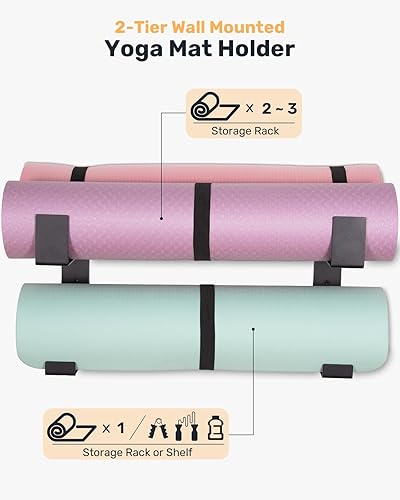 Miniatura 5 de Soporte para esterilla de yoga con acolchado protector de montaje en pared, estante de almacenamiento de acero, colgador de ancho ajustable de 2