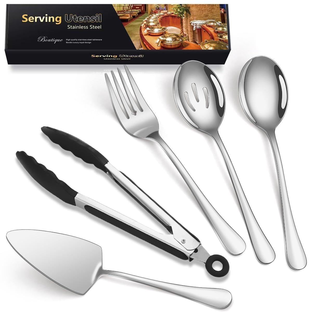 MURRI&MURRDI Cutlery Serving Set of 5 Pieces, Stainless Steel Serving Utensils Include Spoon, Slotted Spoon, Fork, Cake Server and Tongs, Buffet Flatware Serving Set Silver