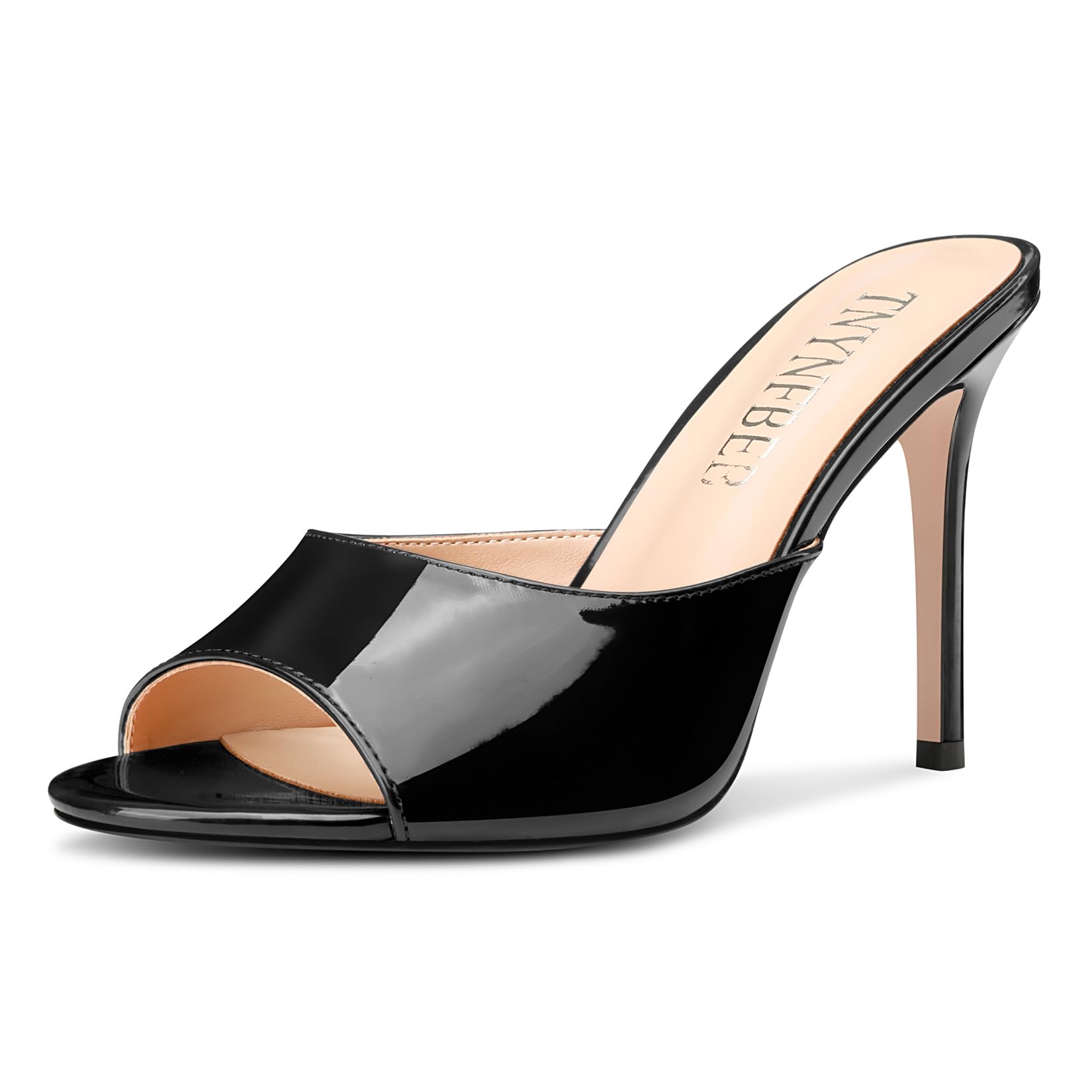 TNYNFBEB Womens Stiletto High Heel Peep Open Toe Sandals Mules Shoes Slingback Slip-on Prom Party Dress Patent Leather 3.9 Inches Heels