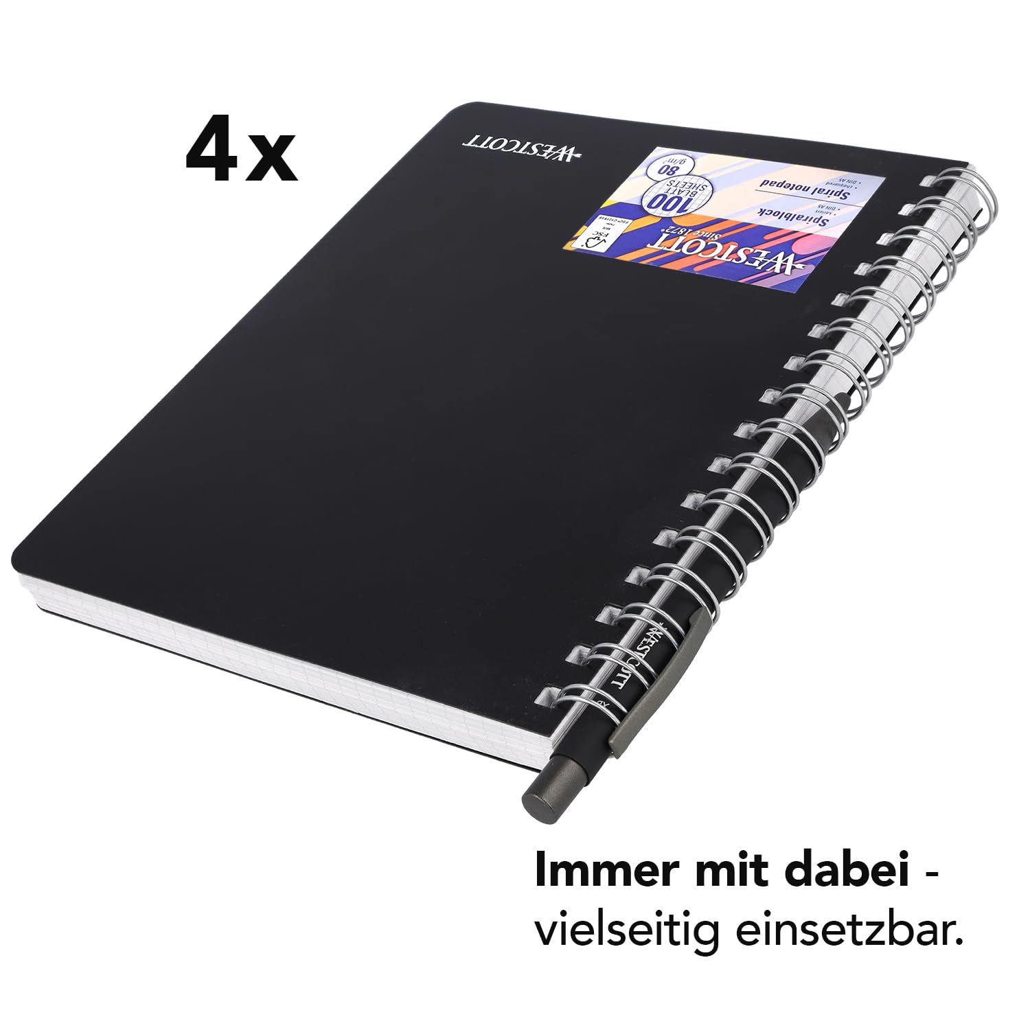 Westcott Spiral Notebook A5 Squared Pack of 4, 200 Pages Ring Binder A5 Perforated with Premium 80 g/m² Paper, Notepad with Spiral Bound, College Pad in Faux Leather Cover, E-730891 00, black      Spiral-bound
