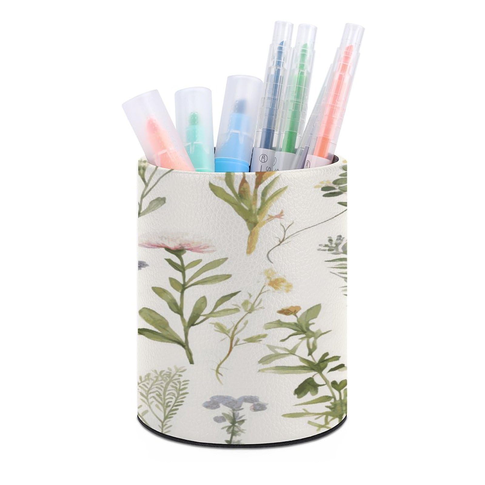 JTREHY Season Watercolors of Herbs Flowersb Pen Holder Round Pen Pencil Holder Makeup Brush Holders Cup PU Leather Pencil Cups Desktop Caddy Stationery Organizer Case Office Accessories Container Box