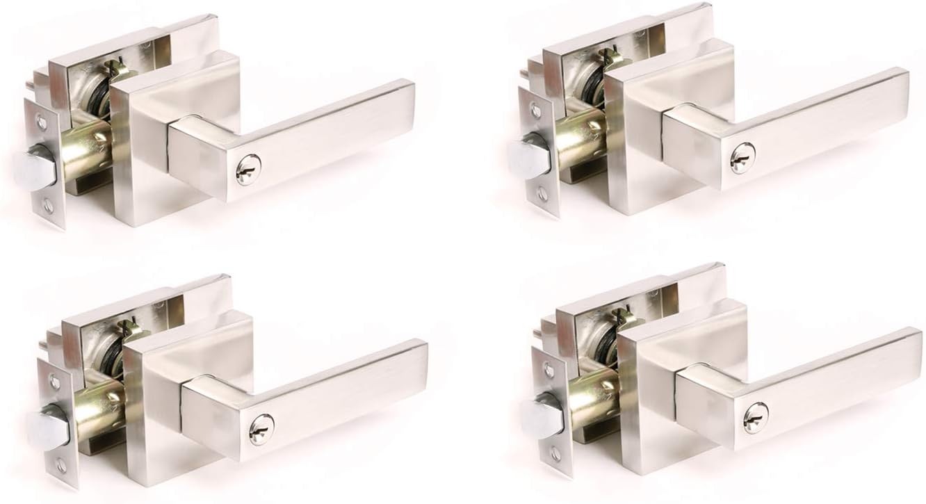 Buy 1 get 1 4 Pcs Heavy Duty Keyed Entry Door Knobs Flat Shape Lock Set, Brushed Nickel Keyed Entry(Not Keyed Alike) Doorknob Handle, Door Levers for Storeroom, 2.2 lb One Lever