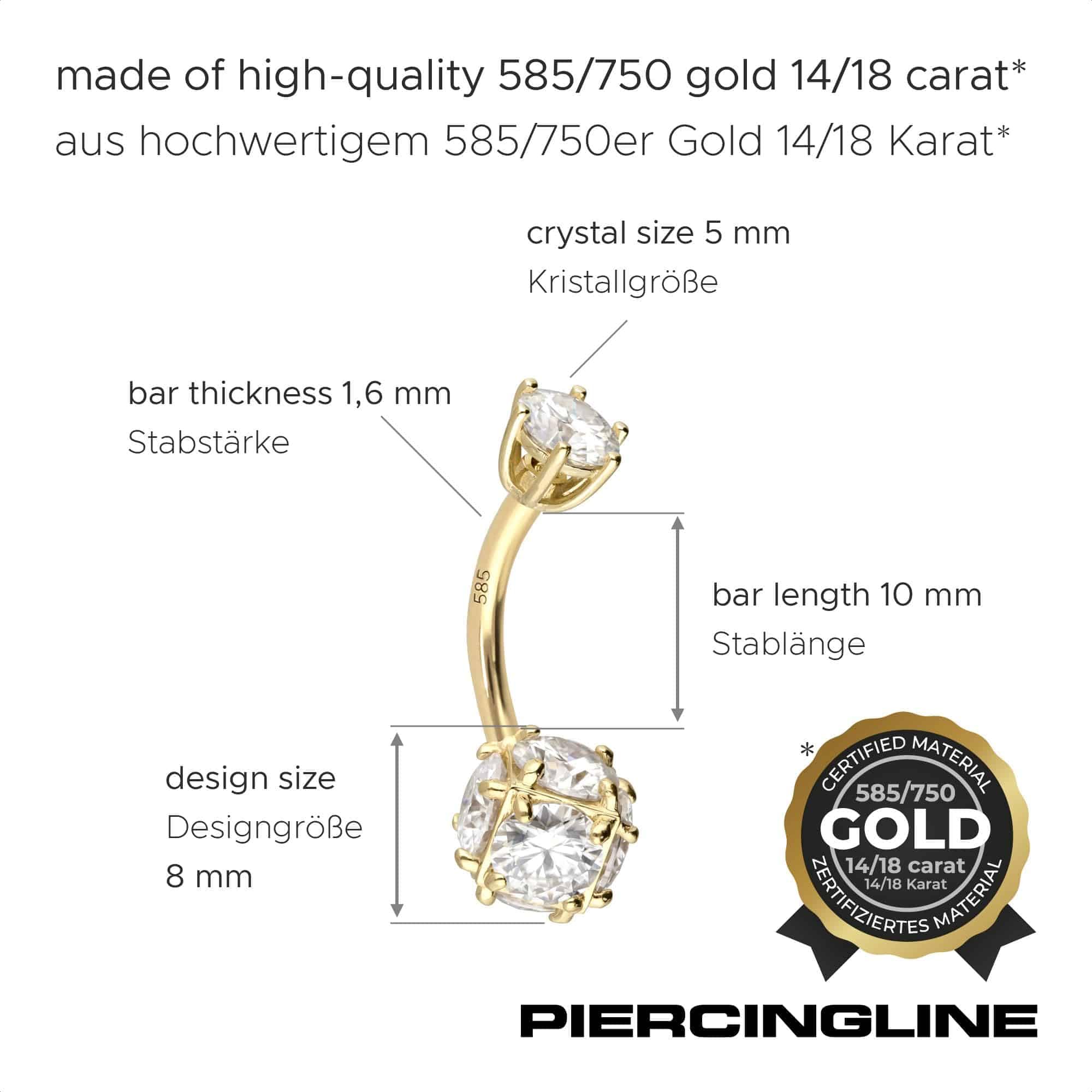 PIERCINGLINE Bauchnabelpiercing 14K Gold Bananabell MOISSANIT-WÜRFEL 585er Gold - Goldfarben