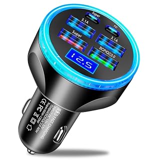 Full PD 30W Multi Port USB C Car Charger Adapter 6 in 1 with Voltage Display, PD4.0/QC4.0/PPS/AFC Super Fast Charging Cigarette Lighter Adapter with Volt Meter for MacBook iPhone Galaxy Android Phones - Amazon product rated Grade A