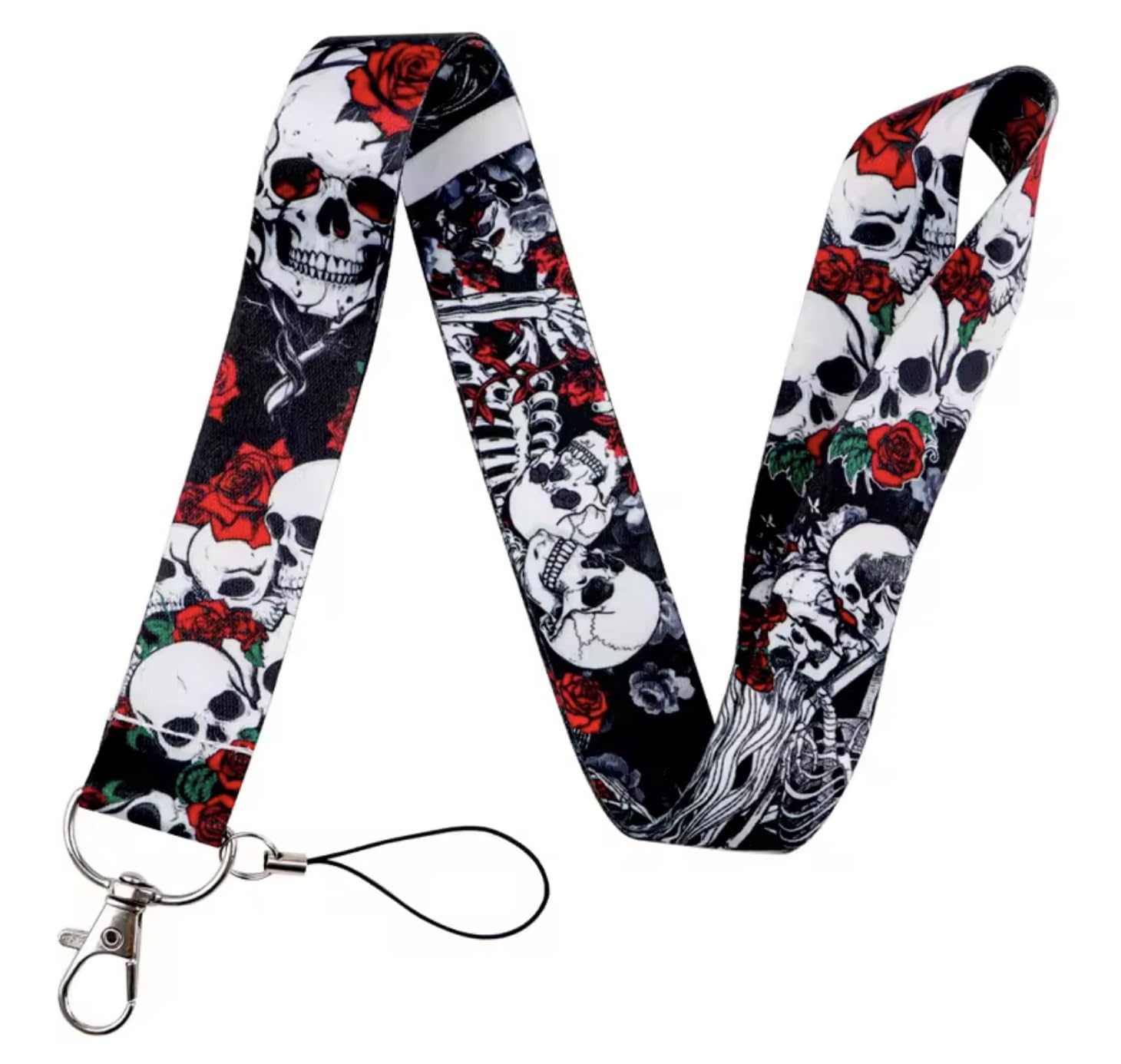 Pinstant Unisex Mixed Skulls Skull Skeleton Skeletons Remains Bones Dead Grave Graveyard Cemetery Crypt Scary Halloween Red Rose Romance Love Forever Undead 17.7" Neck Lanyard Keychain Holder Id Badge Strap