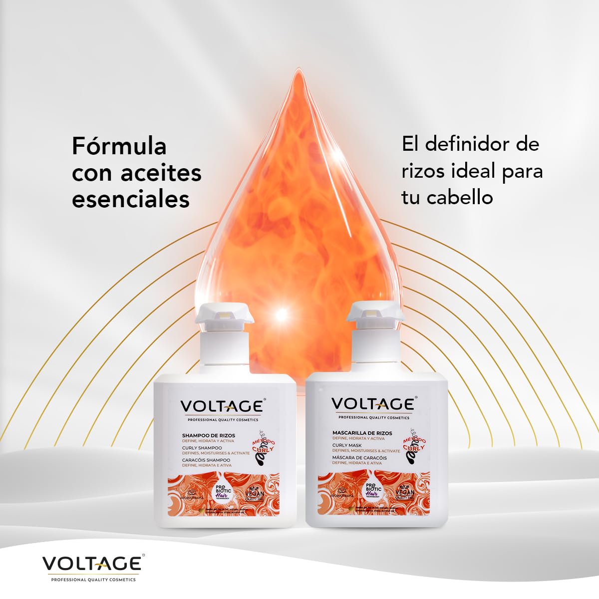 Voltage Cosmetics - Pack Método Curly - Champú y Mascarilla Pelo - 500 ml cada uno - Previene el Efecto "Build Up" y el Frizz - Rizos Definidos - Tratamiento Hidratante Cabello