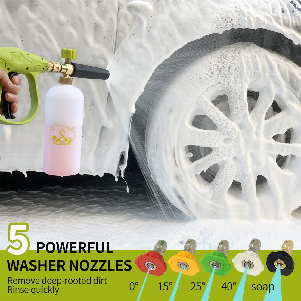 ESP - Pistola de espuma para lavado de coche, pistola de agua de alta presión, generador de espuma, pistola de espuma de lavado de nieve, 5 boquillas, adaptador M22 con botella de 1 litro, guantes de