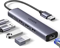 UGREEN Adaptador USB 3.0 para Ethernet, hub multiporta 5 em 1 com porta de alimentação Gigabit RJ45 e tipo C, adaptador de rede LAN compatível com laptop PC MacBook Mac Mini Surface XPS Window