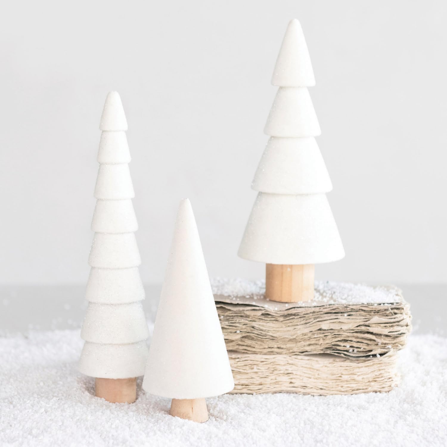 One Holiday Way 7-Inch Set of 3 Decorative Flocked White Velvet Wood Christmas Tree Figurines w/Glitter - Xmas Party Tabletop Mantel Shelf Sitter Decoration - Winter Wedding Decorations Home Decor