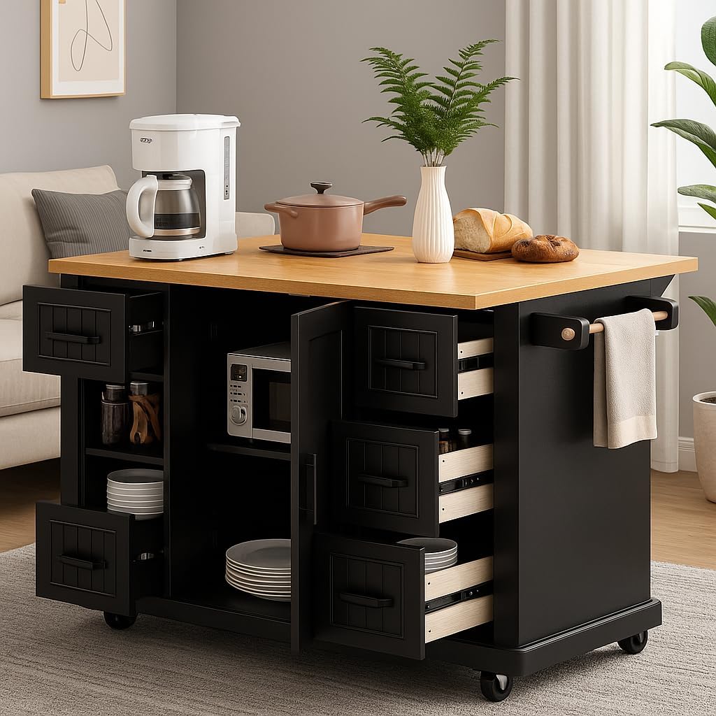 K&K 56 inch Kitchen Island with Rubber Wood Veneer Drop Leaf, Power Outlet, 4 Door Shelves, Embossed Vertical Stripe Rolling Kitchen Cart on 4 Wheels with 6 Deep Drawers for Kitchen, Dining Room,Black