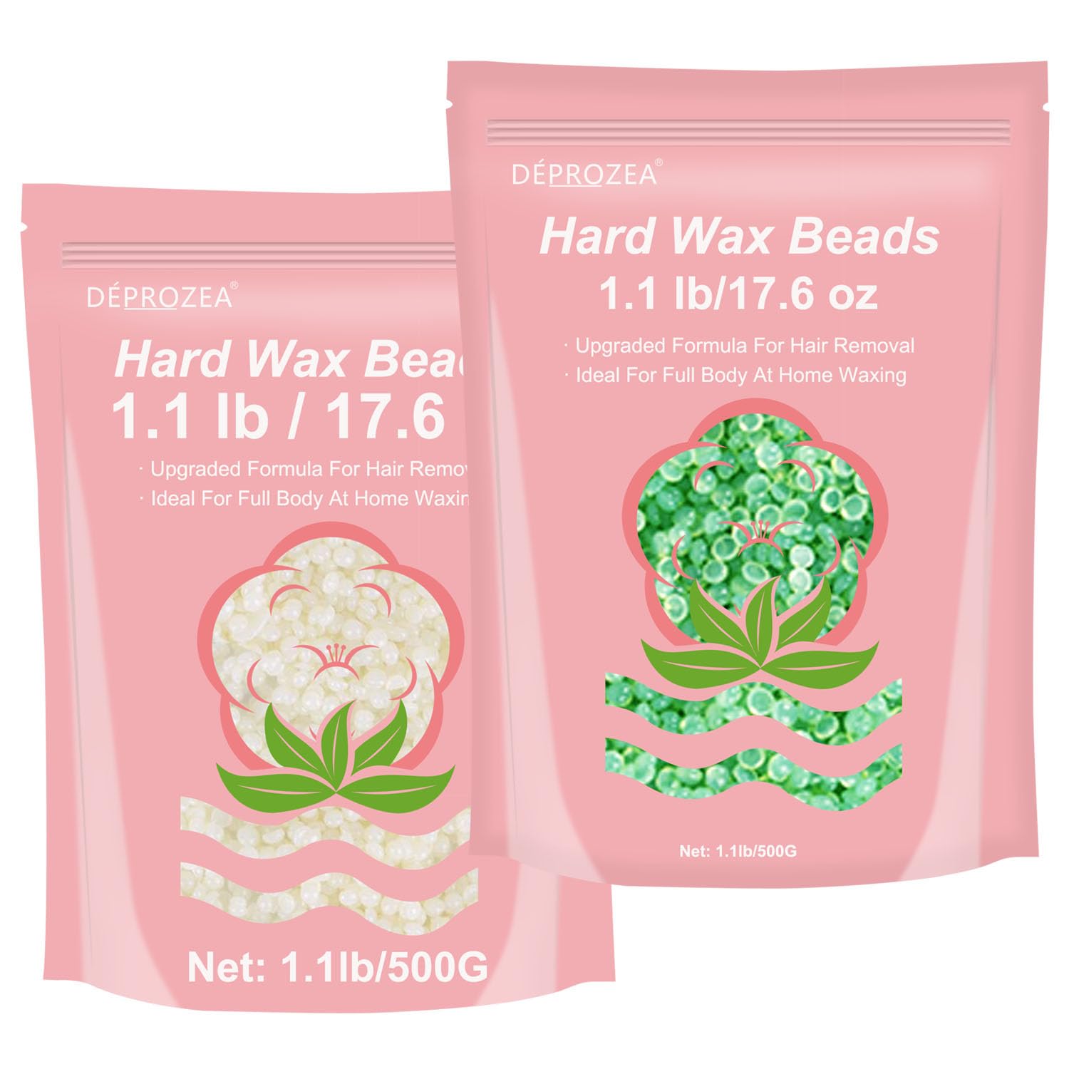 1.1lb Coconut & 1.1lb Aloe, Pack of 2 DEPROZEA Hard Wax Beads for Painless Hair Removal on Sensitive Skin, Ideal for Full Body, Facial, Eyebrow, Brazilian Bikini, and Legs for Women and Men