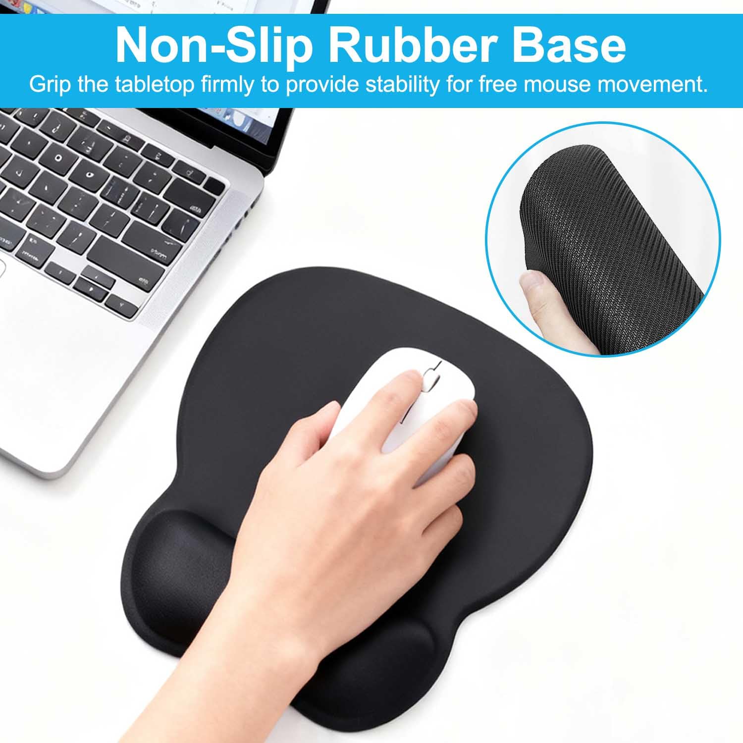 Tappetino Mouse Ergonomico con Poggiapolsi, Cuscino in Gel Schiuma a Memoria & Base Antiscivolo, Tappeto Mouse Grande Impermeabile per Ufficio e Gaming, 24x20.5cm, Tappetino Scrivania Nero