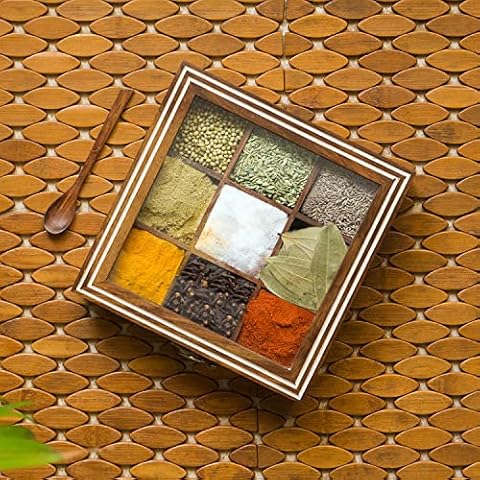 ExclusiveLane Wooden Spice Box | Masala Dabba with 9 Compartments | Size - 8x8x2 inches | Namak Daani with Spoon & See Through Lid | Sheesham Wood Spices Organizer | Kitchen Spices Container Cover