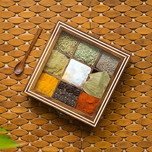 Image of ExclusiveLane Sheesham Wooden Spice Box for Kitchen with Spoon (9 Non-Detachable Compartments, Each Compartments : 80 gram) | Masala Container Spice Box Wooden Namak Dani for Kitchen Masala Box Wooden