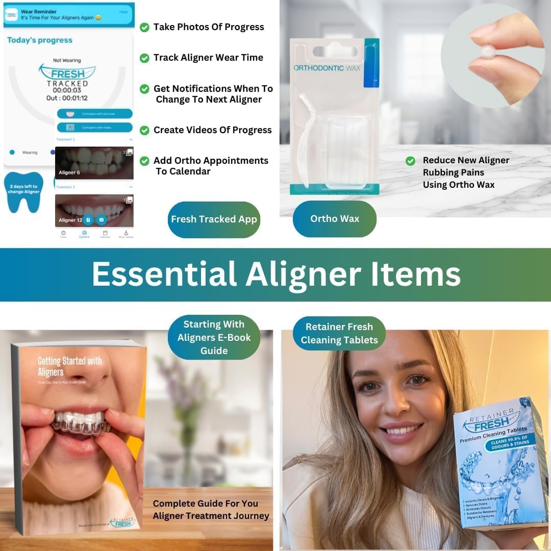 Retainer-Set mit 36 ​​Retainer-Fresh-Tabletten, Retainer-Etui, Aligner-Reinigungsbox, Aligner-Entfernung und Kauen, kieferorthopädisches Wachs, Aligner-App und E-Book