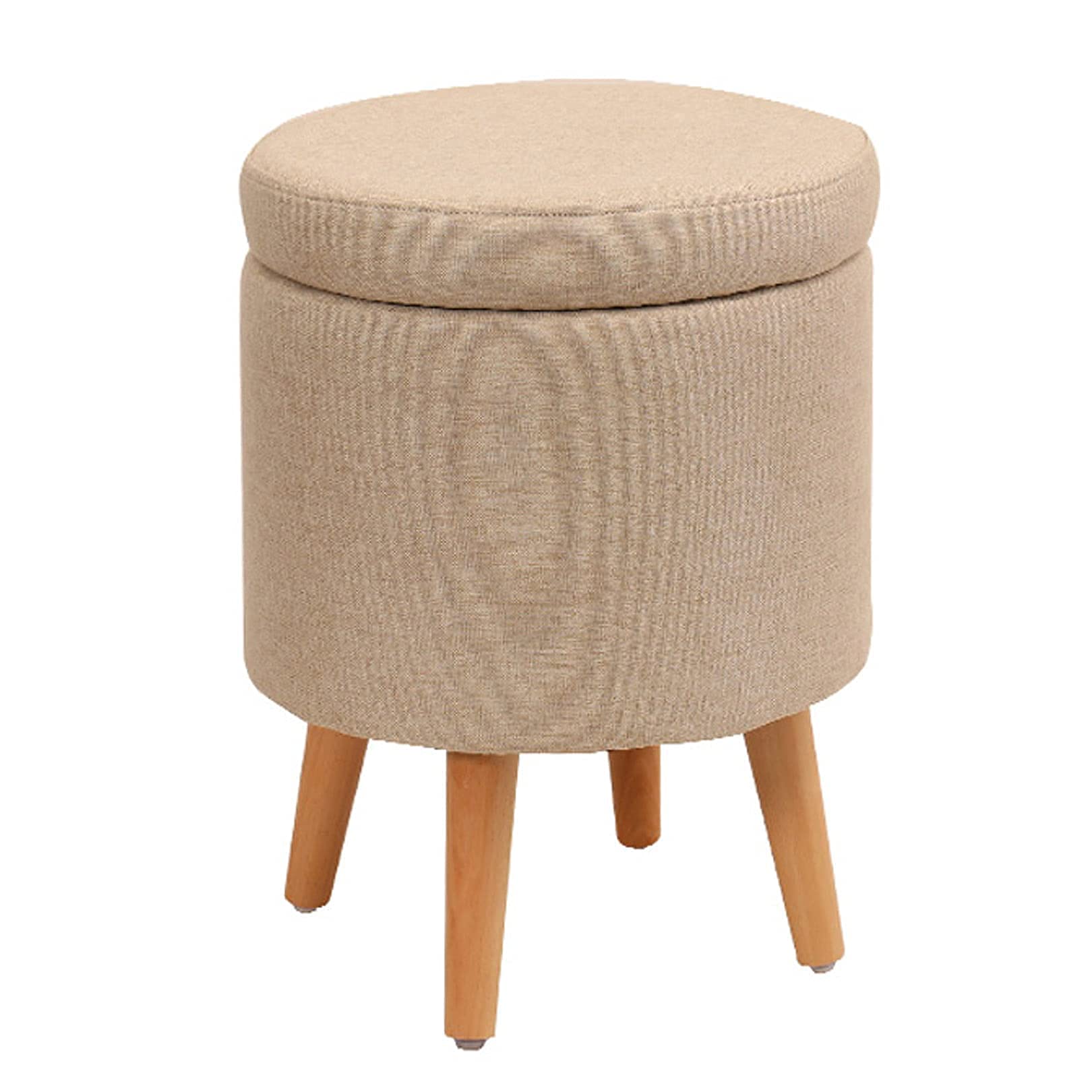 Tabouret de rangement rond anti-desordre avec pieds en bois massif pour salon