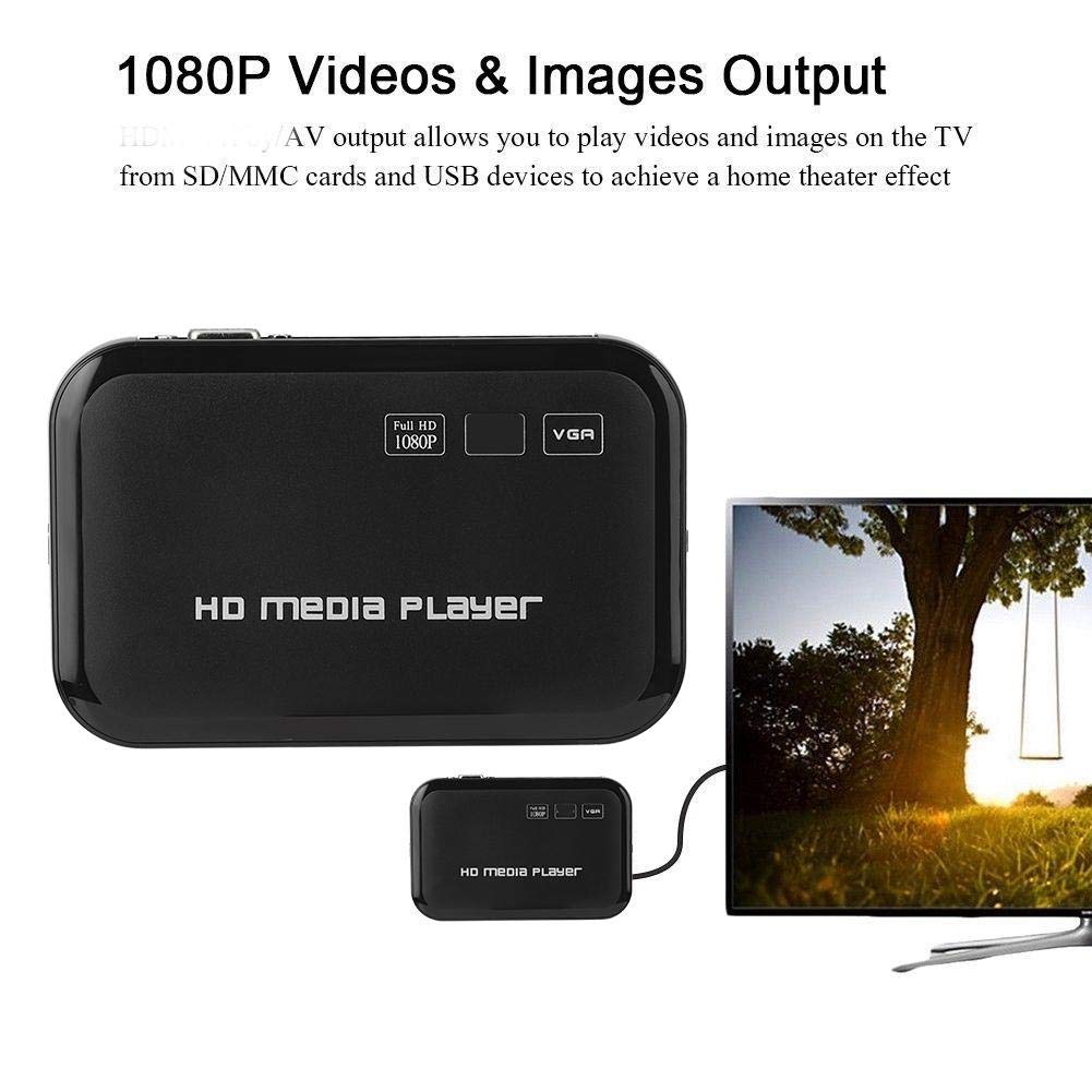 HD Media Player, złącza HDMI 1080p, przenośny odtwarzacz Full HD, odtwarzanie filmów i zdjęć za pomocą napędu USB/kart SD/urządzeń zewnętrznych, wyjście HDMI/AV/VGA