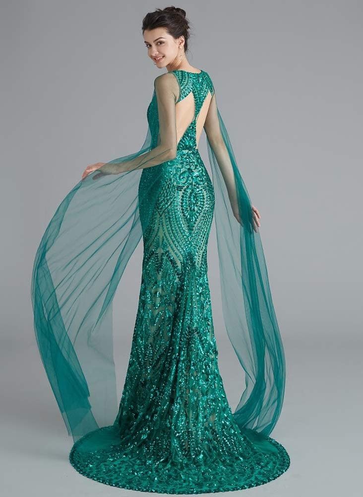 Sparkly Sequin Prom Gown Celebrity Gala Pageant Mermaid Evening Dress with Sheer Sleeves - Image 5