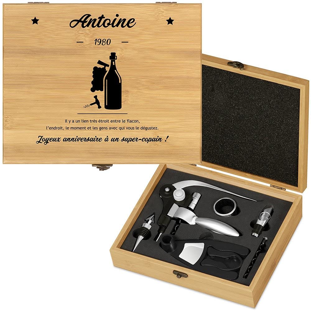 Coffret Sommelier Maverton En Bambou - Tire-bouchon, Bec Verseur, Coupe-Capsule - Cadeau Personnalisé