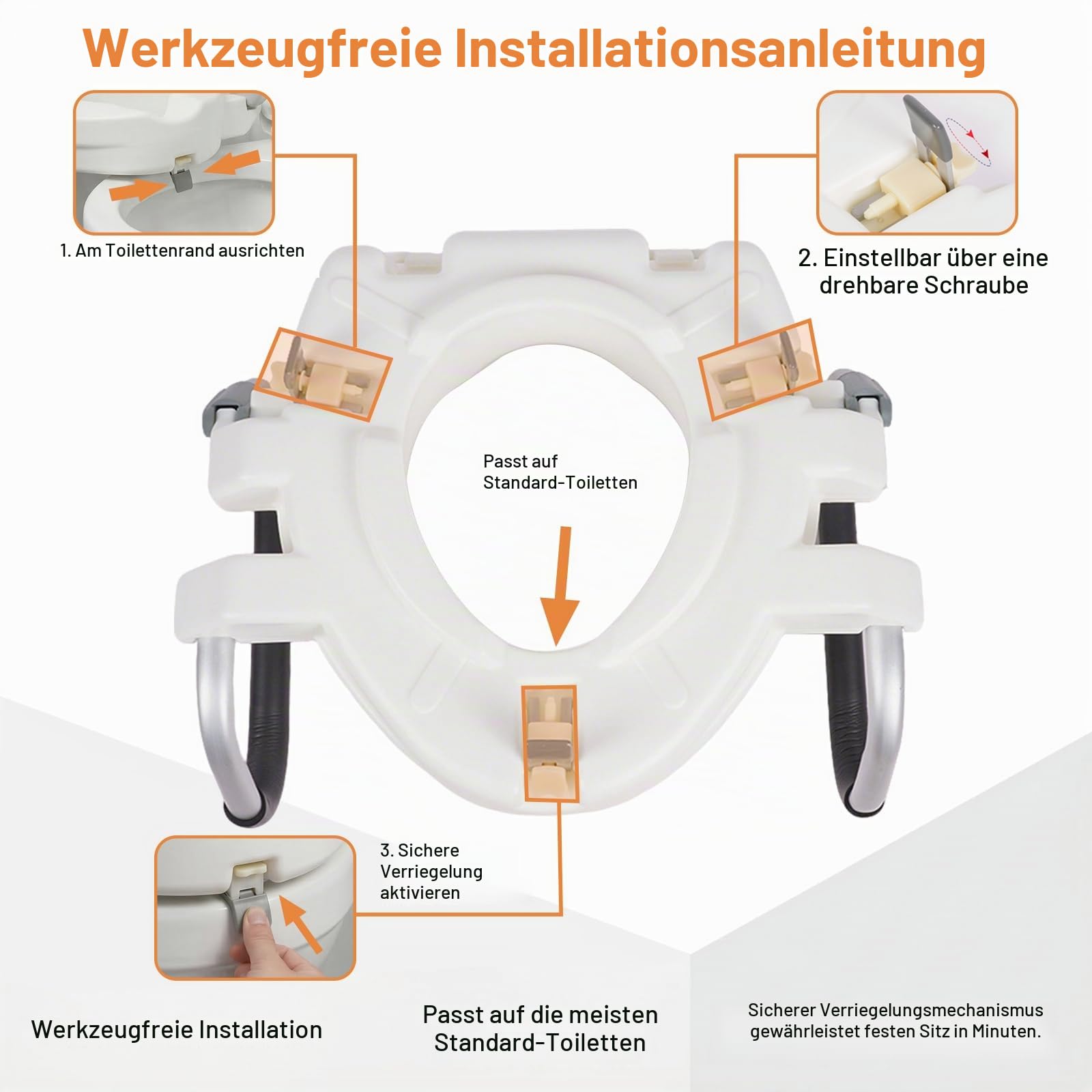 Toilettensitzerhöhung für Erwachsene mit Armlehnen und Deckel, Erhöhter Toilettensitz für Erwachsene, Erhöhter Toilettensitz mit Deckel, Toillettenaufsatz für Senioren, Breite Einstellbar (10cm hoch)