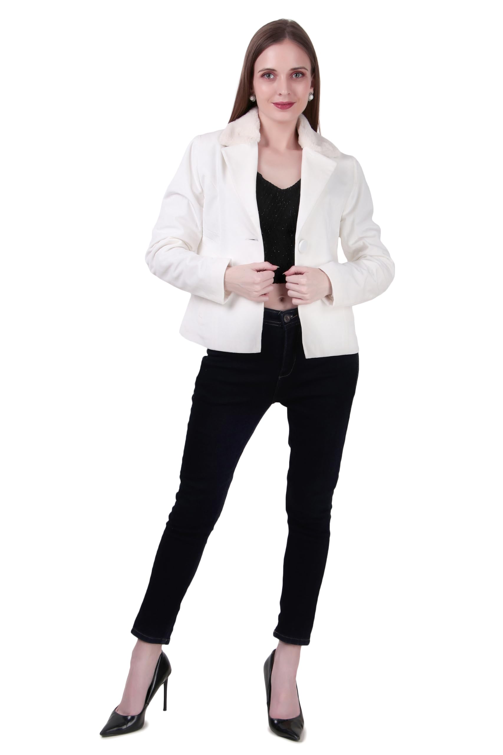 Women's White Faux Fur Collar Winter Blazer Jacket | Double Button Formal Office Coat | Long Sleeve Tailored Casual (Pack of 1)-picture-43