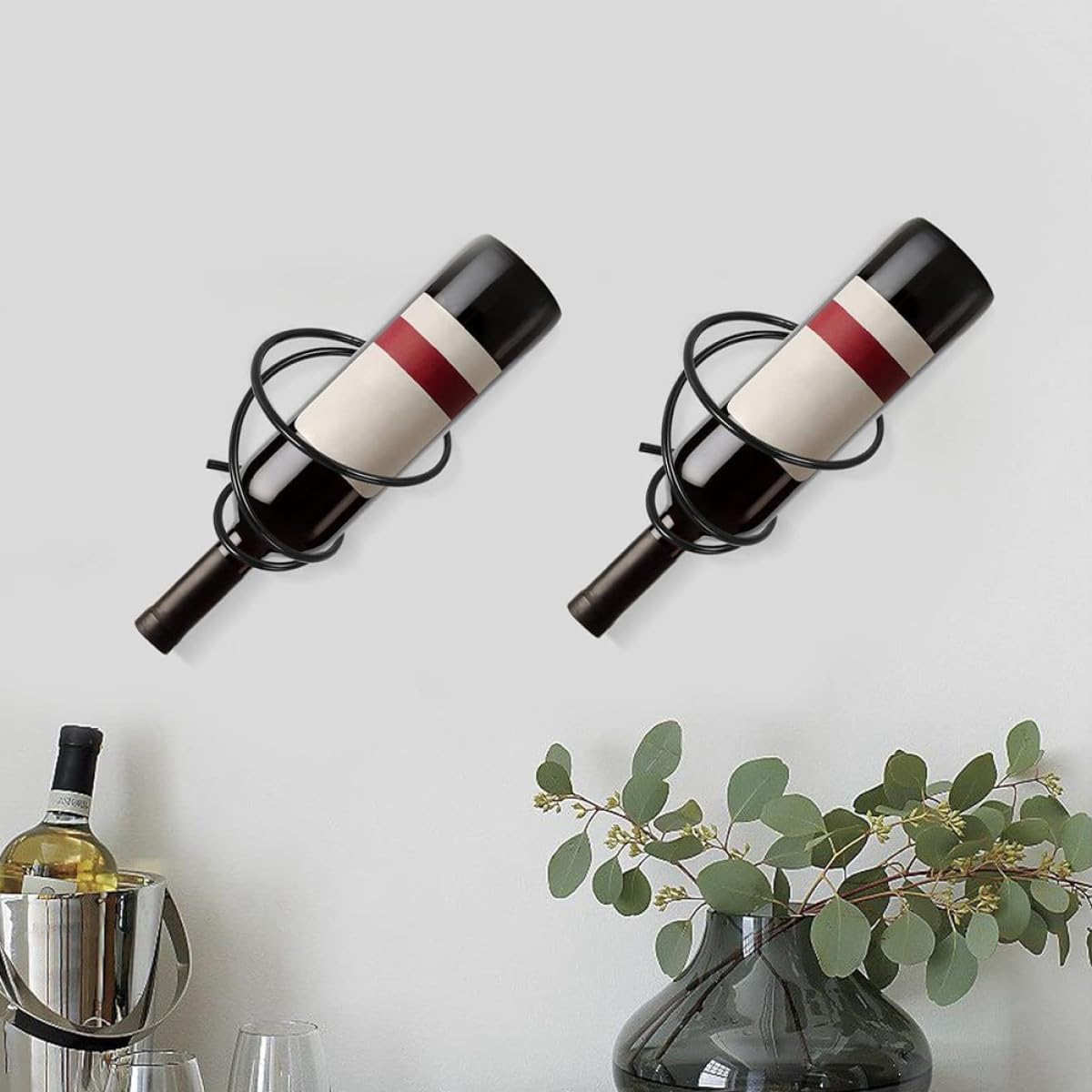 BETOOKY 6pcs Black Iron Wall Mounted Spiral Wine Bottle Display Holder Single Rack Wine Shelf for Home Bar Kitchen Theme Decor